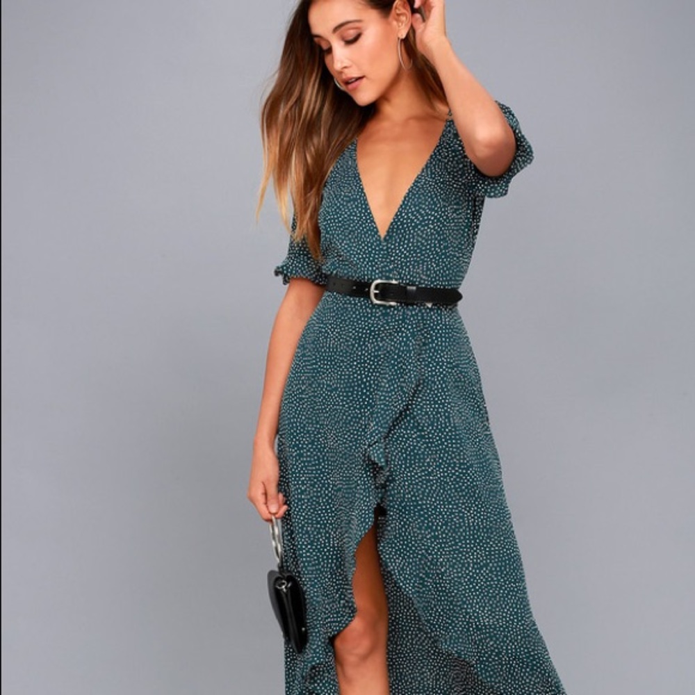Forest Green Polka Dot High-Low Wrap Dress